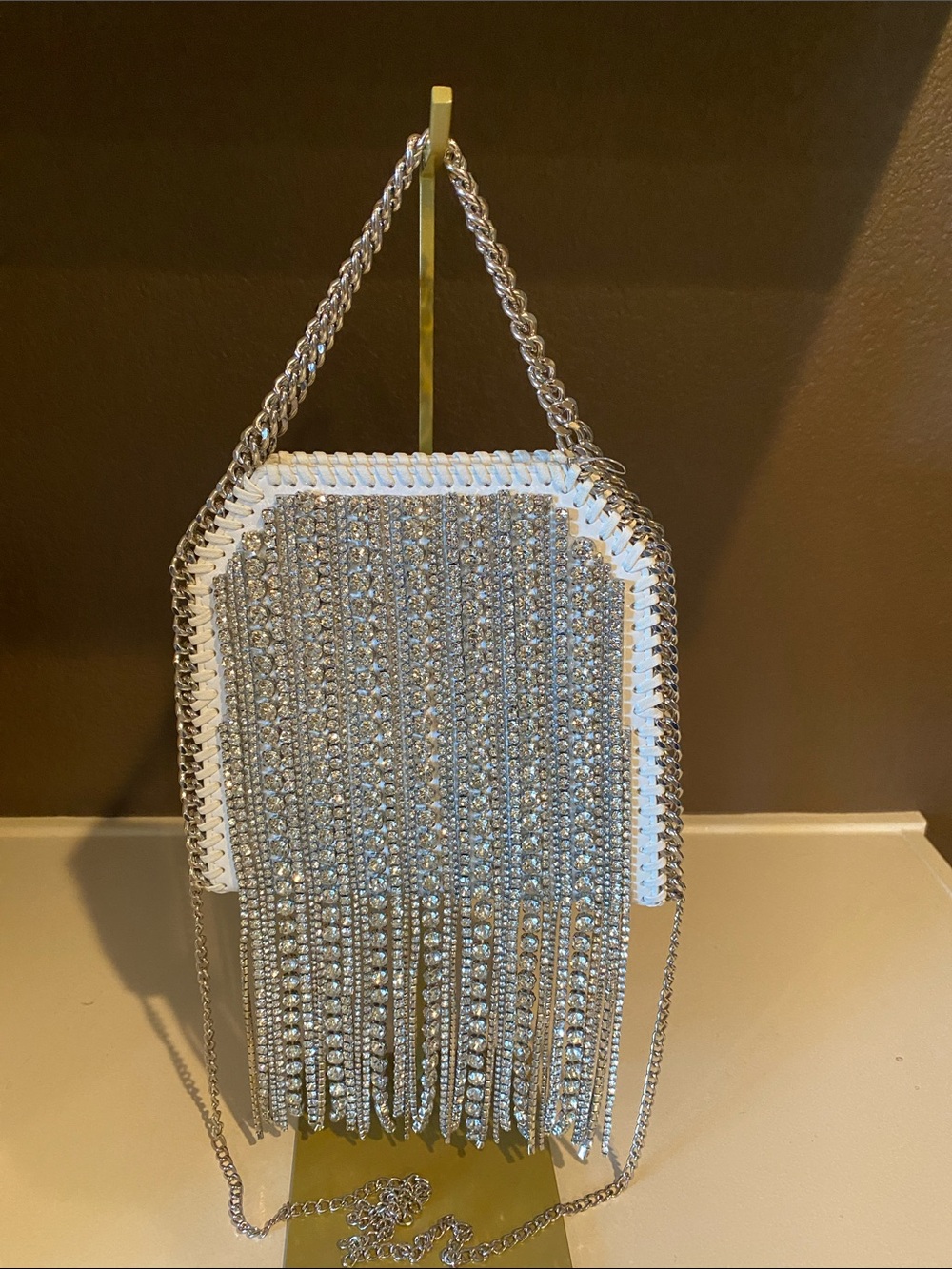 House of Harlow 1960 Silver and White Rhinestone Fringe Crossbody Purse